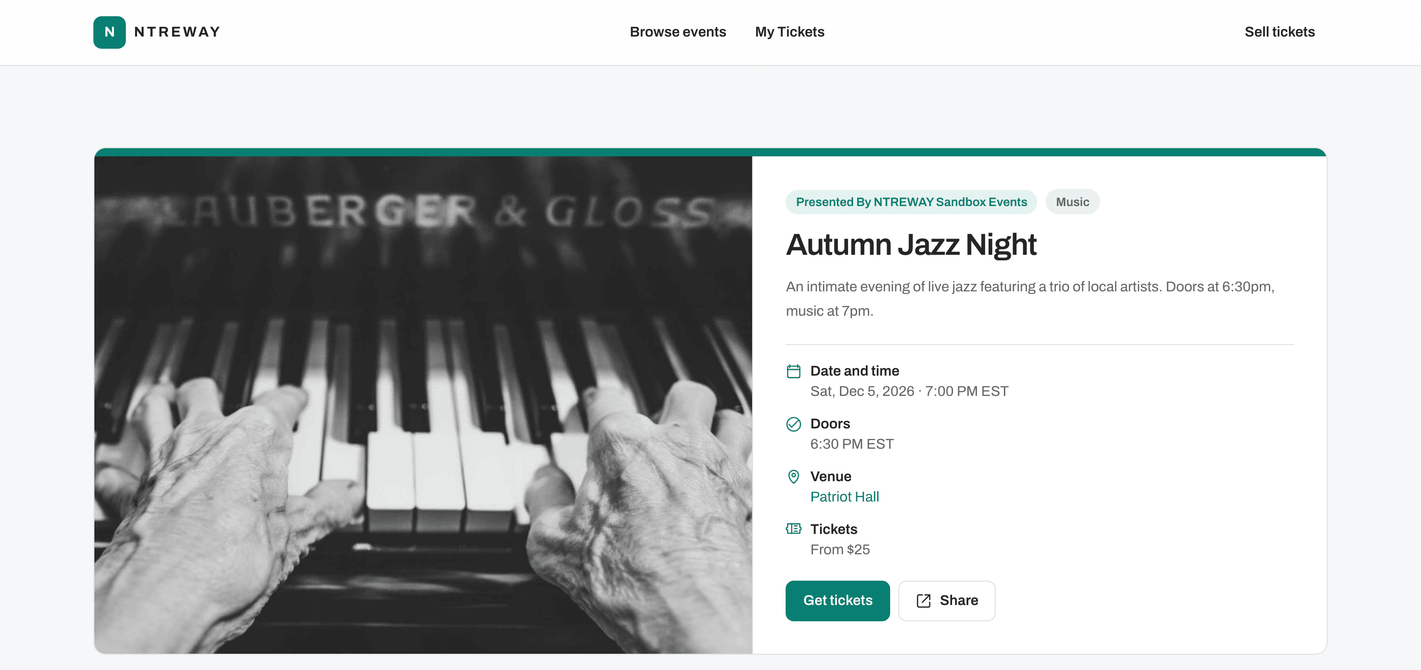 A published NTREWAY event page with the hero image, date, venue, and a Get tickets button
